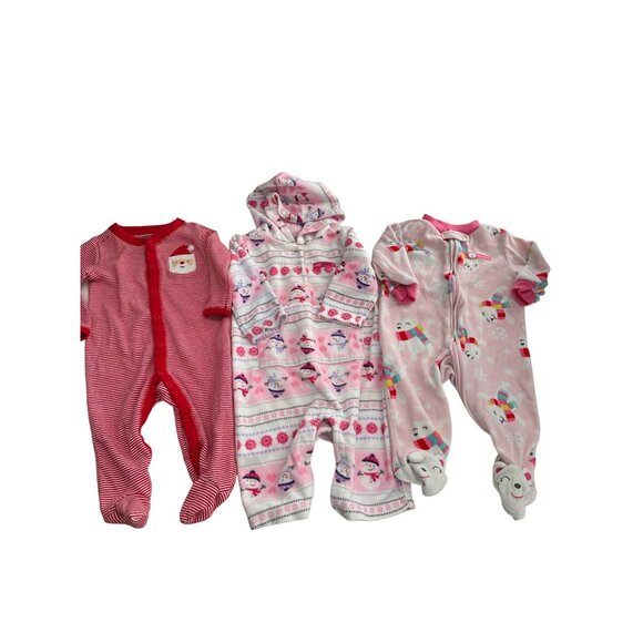 Set Of 3 Carters Baby Girl Holiday-Themed Sleepers 6M Pink Fleece Cotton Footed - Picture 1 of 10